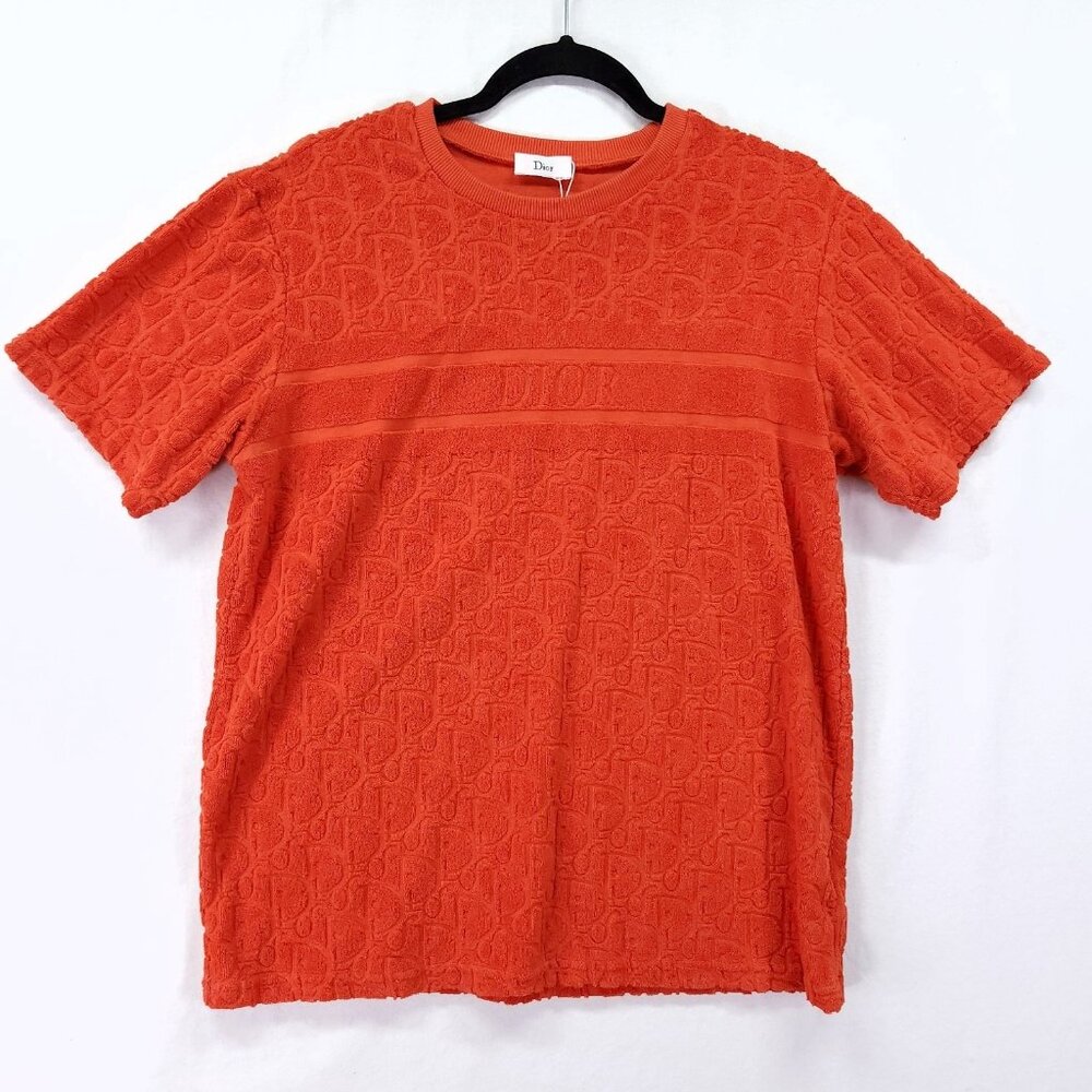 Dior Oblique Jacquard T-Shirt Womens Medium Orange Terry Crew Neck Cotton